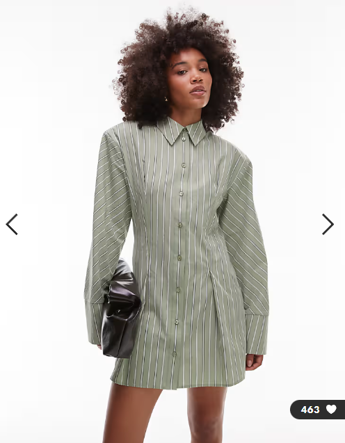 ASOS DESIGN cinched shoulder pad shirt mini dress in sage and white stripe