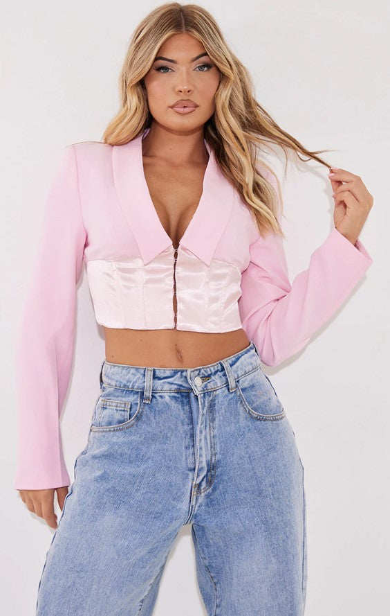 Light Pink Satin Middle Corset Cropped Blazer