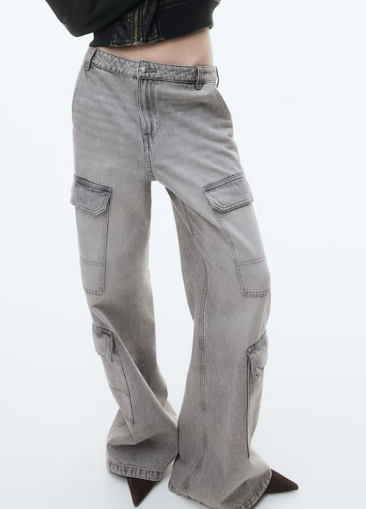 H&M - DENIM CARGO PANTS - Taupe