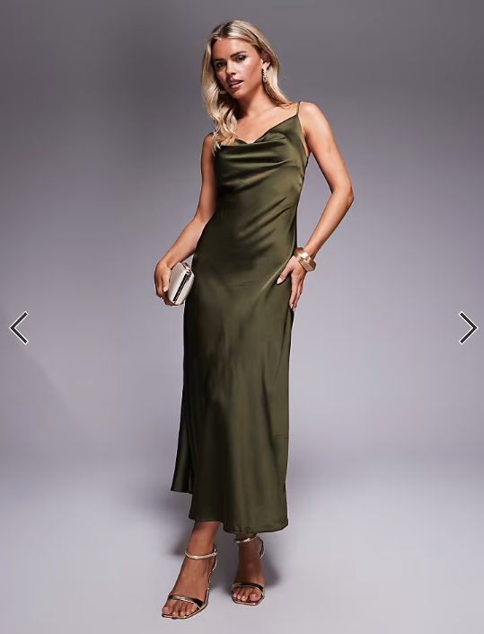 Asos - New Look Petite satin cowl neck midi dress in khaki