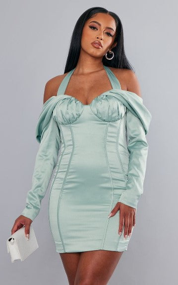 Label Sage Constructed Satin Draped Bardot Bodycon Dress