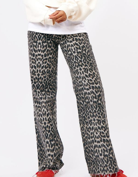 Brown Leopard Print Denim Wide Leg Denim Jean