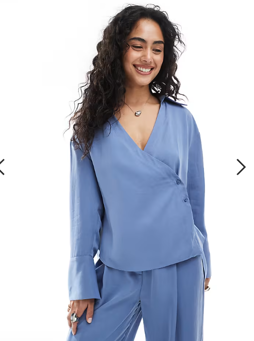 ASOS DESIGN lyocell wrap tie detail shirt in blue - part of a set
