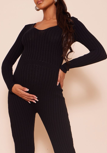 Maternity Black Long Sleeve Knitted Jumpsuit