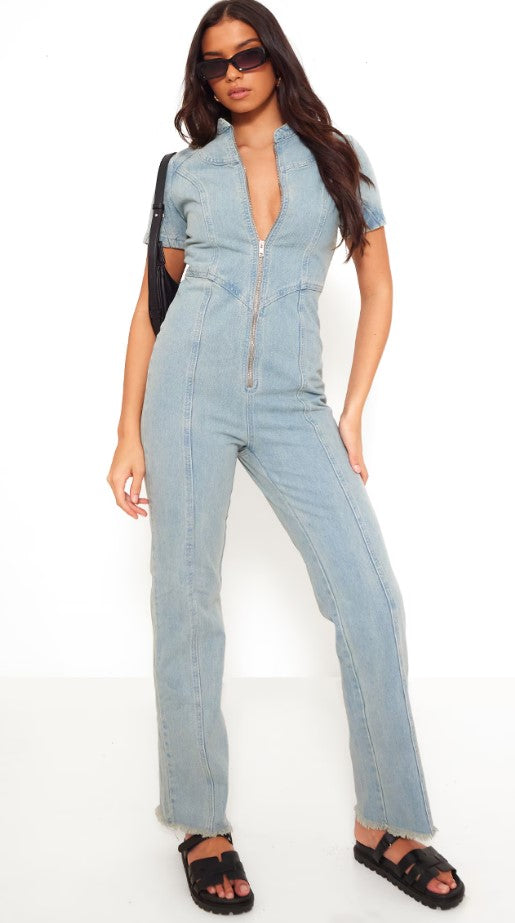 Light Blue Zip Up Racer Style Denim Jumpsuit