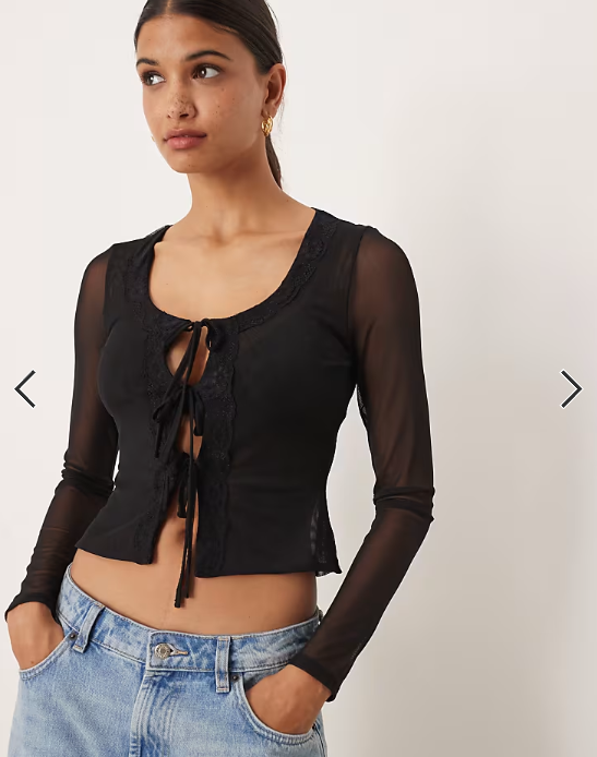 ASOS DESIGN mesh lace trim long sleeve tie front top in black