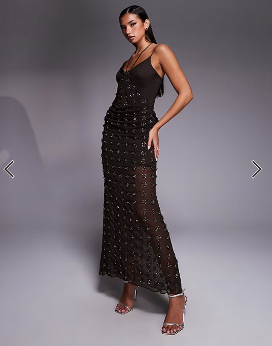 ASOS DESIGN embellished contour midi dress with draped skirt detail in chocolate