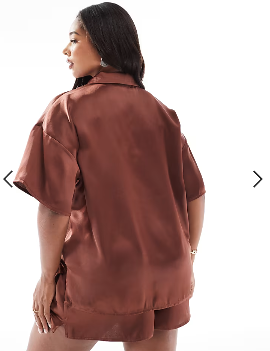 ASOS DESIGN Curve satin short sleeve shirt co-ord in brown