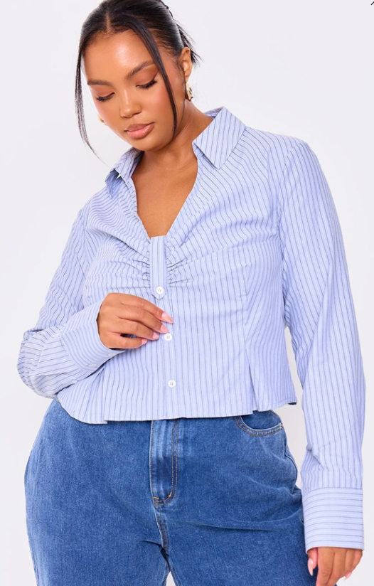 Plt - Plus Blue Striped Ruching Detail Shirt