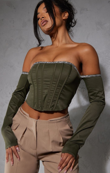 Khaki Woven Diamante Trim Bardot Long Sleeve Corset