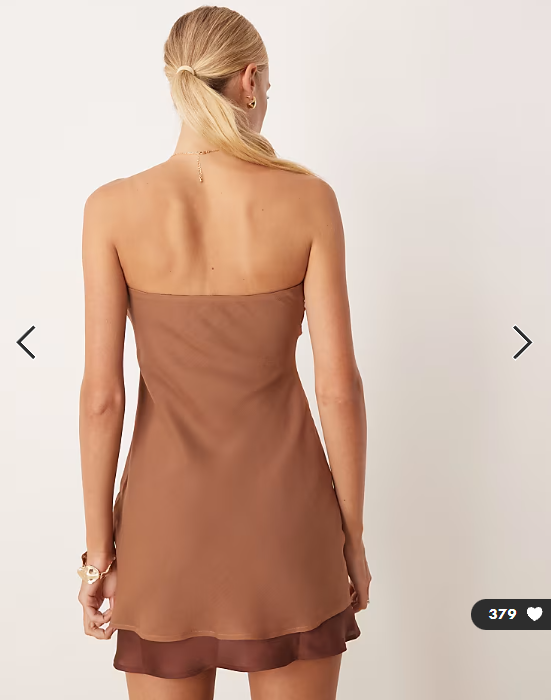 ASOS DESIGN double layer with contrast satin hem bandeau mini dress in brown