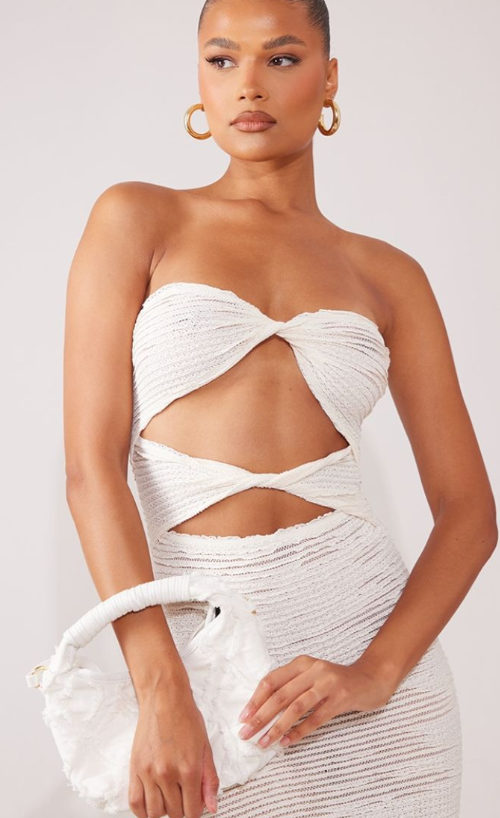 Cream Textured Bandeau Twist Cut Out Maxi Dress