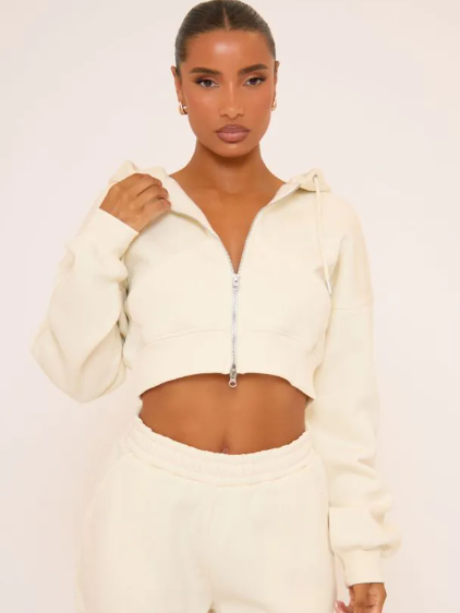 Logn Sleeve Double Zip Front Boxy Hoodie In Cream