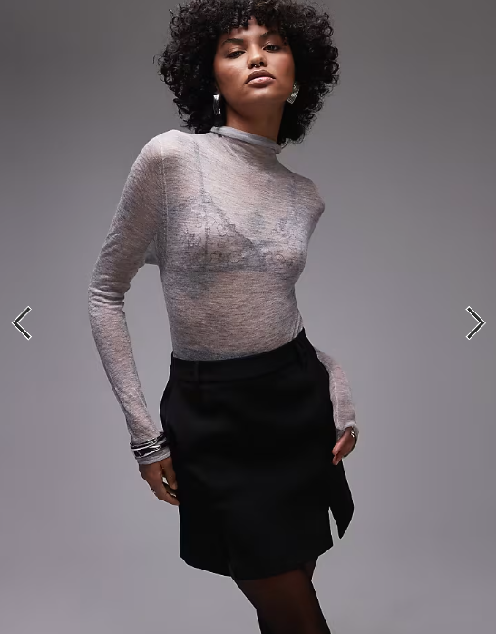 Topshop premium knitted sheer cashmere grown on neck top in grey