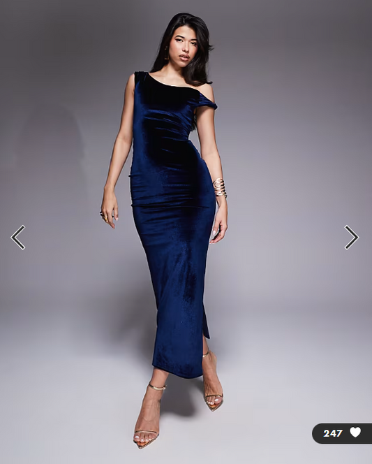 ASOS DESIGN velvet twist shoulder with lace up back midi dress in navy