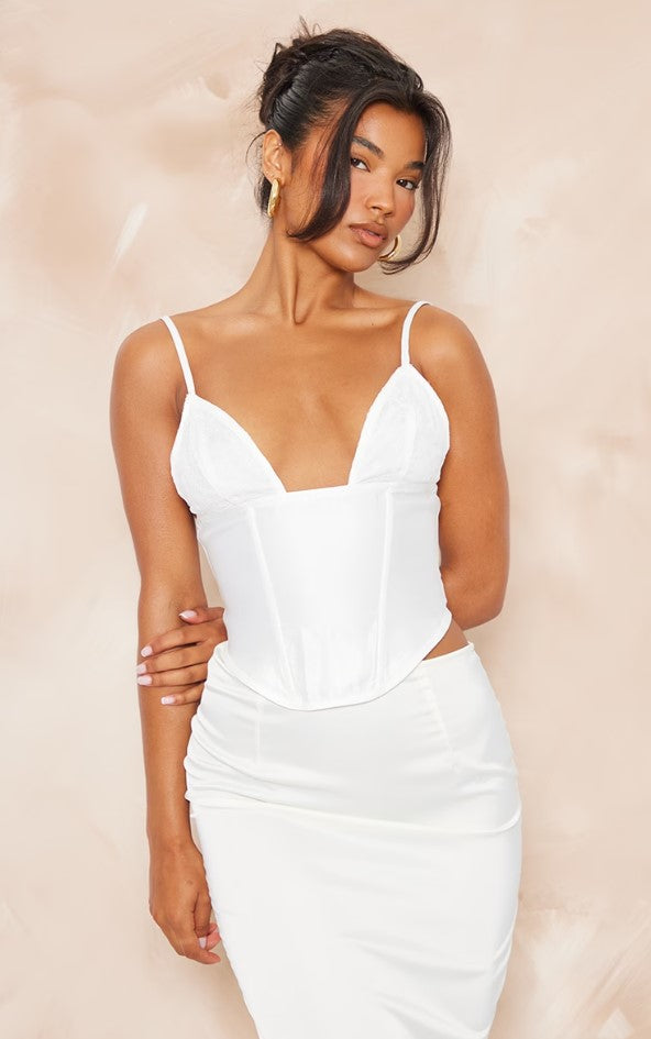 White Satin Lace Boned Corset Top