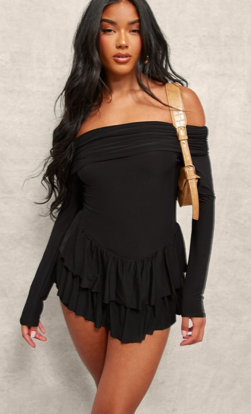 Black Slinky Long Sleeve Bardot Rara Skort Playsuit