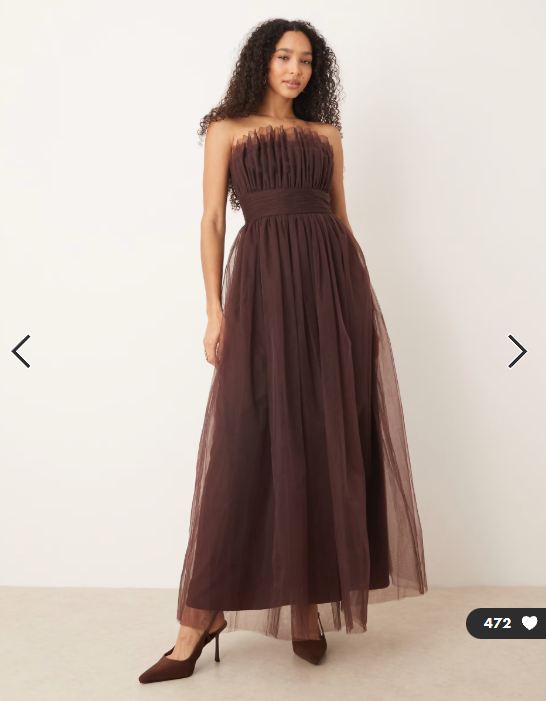 Lace & Beads tulle waistband bandeau maxi dress in chocolate plum