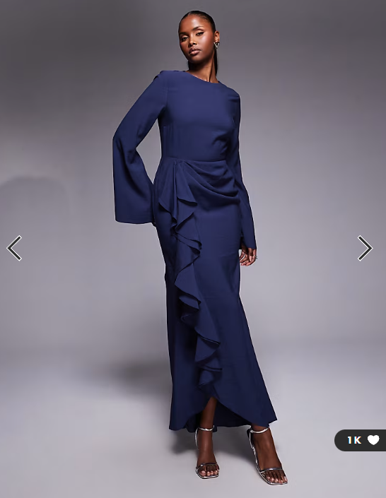 ASOS DESIGN long sleeve maxi dress with ruffle skirt in navy