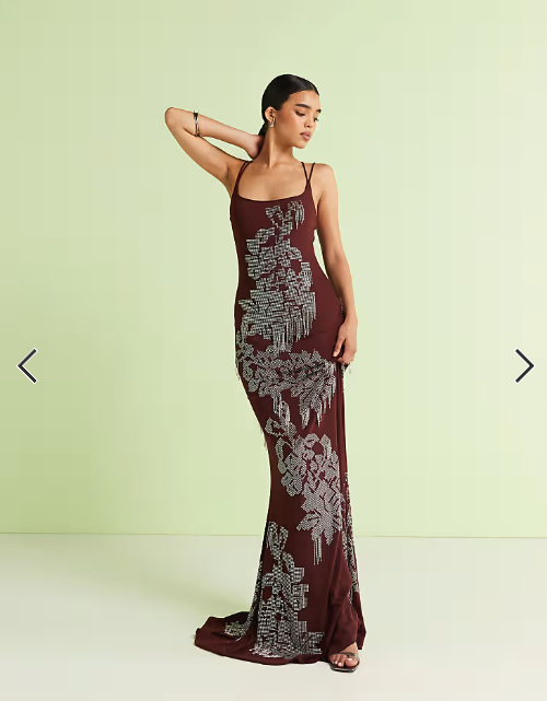 ASOS DESIGN square neck artwork floral hotfix maxi dress with fringe embellishment in chocolate