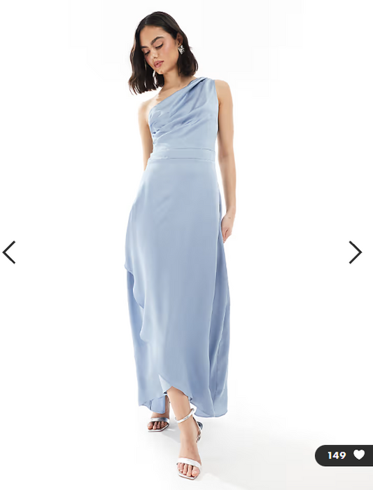 TFNC Bridesmaid one shoulder satin maxi dress with wrap skirt in dusty blue