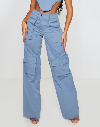 Steel Blue Twill Pocket Detail High Waist Cargo Trousers