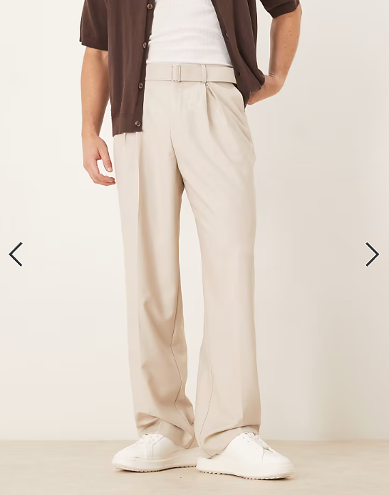 ASOS DESIGN smart wide leg belted trousers with front pleat in stone