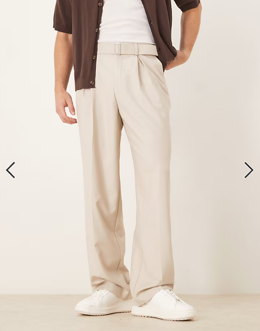 ASOS DESIGN smart wide leg belted trousers with front pleat in stone