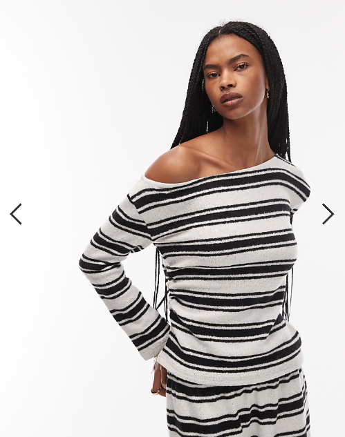 ASOS DESIGN brushed off shoulder long sleeve corset waist t-shirt in stripe