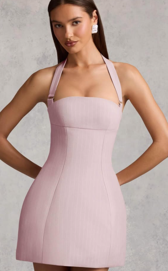 OhPolly-Pinstripe Halterneck Structured A-Line Mini Dress in Mauve