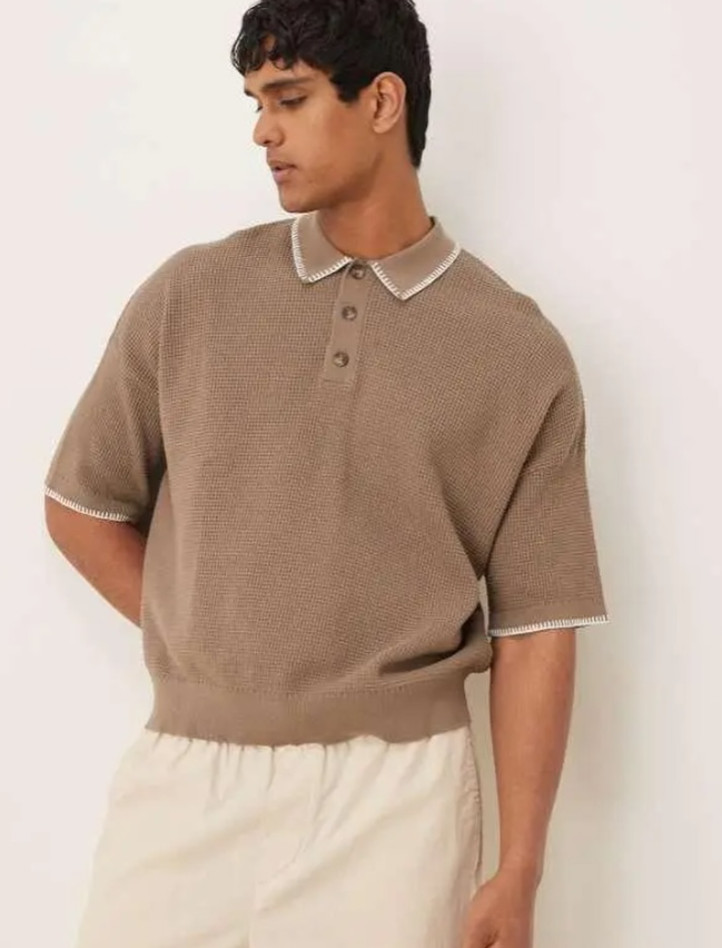 ASOS DESIGN oversized knitted polo with blanket stitch details in brown