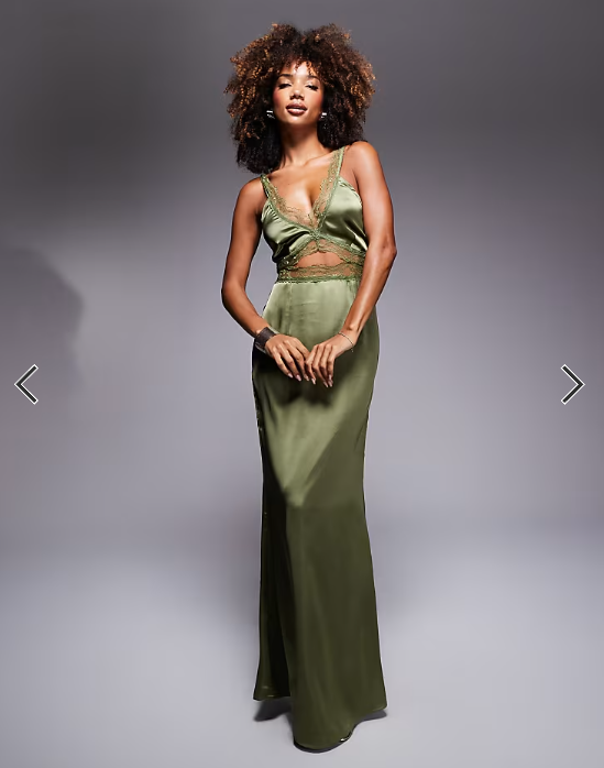 Never Fully Dressed Mimi lace cut-out slip maxi dress in olive