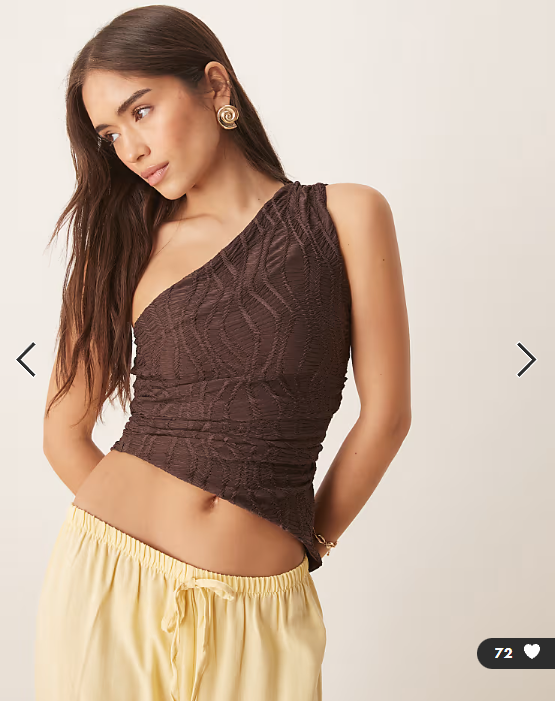 ASOS DESIGN textured one-shoulder top with asymmetric hem and ruching detail in chocolate