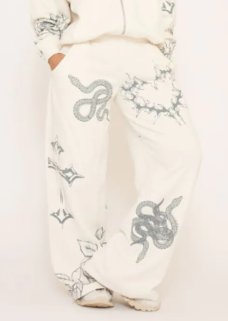 High Waist Contrast Print Detail Wide Leg Joggers In Cream