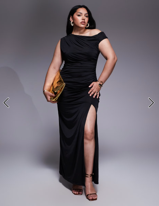 TFNC Plus asymetrical maxi dress with thigh split in black