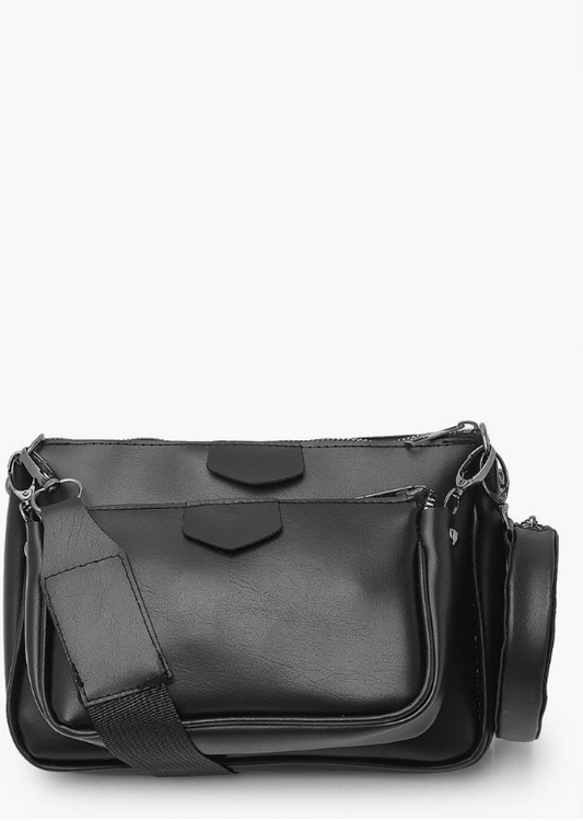 Faux Leather Multi Pocket Cross Body Bag - black