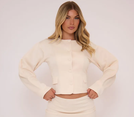 Long Sleeve Button Front Tailored Blazer In Cream