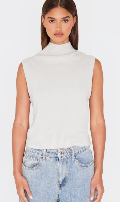Oatmeal Soft Knit High Neck Jumper Vest