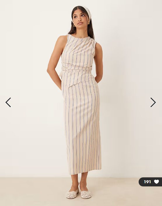 ASOS DESIGN 2 in 1 drape midi dress with stripe bodice in stone stripe