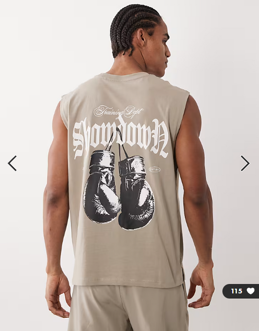 4505 cotton oversized pump training tank with boxing graphic and quick dry finish in greige.