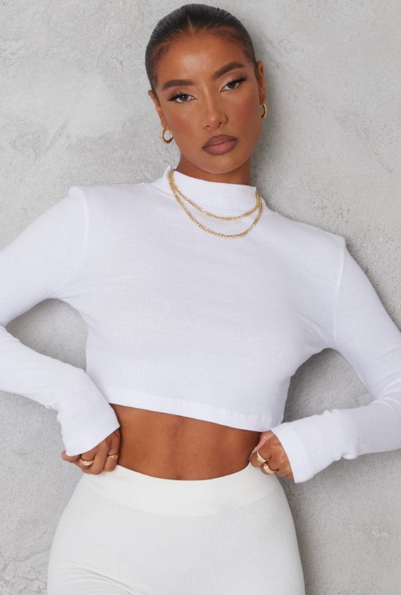 White Basic Soft Ribbed High Neck Long Sleeve Crop Top