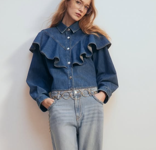 H&M - FLOUNCE-TRIMMED DENIM SHIRT