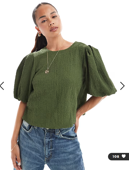 ASOS DESIGN crinkle fabric puff sleeve top in khaki