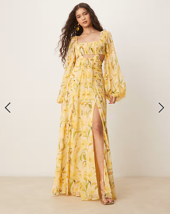 ASOS DESIGN long sleeve cut out maxi dress with ruched skirt in yellow floral print