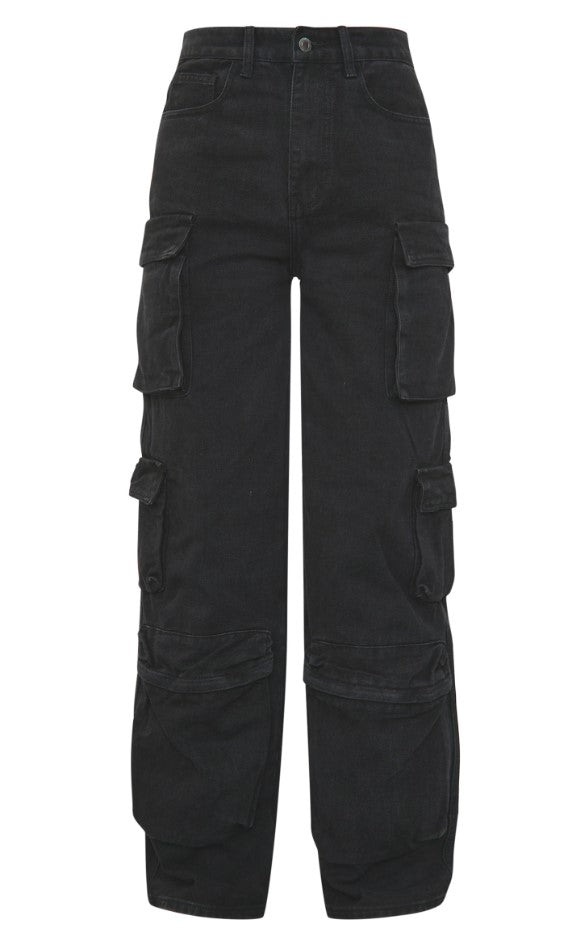 Washed Black Cargo Pocket Detail Wide Leg Jeans