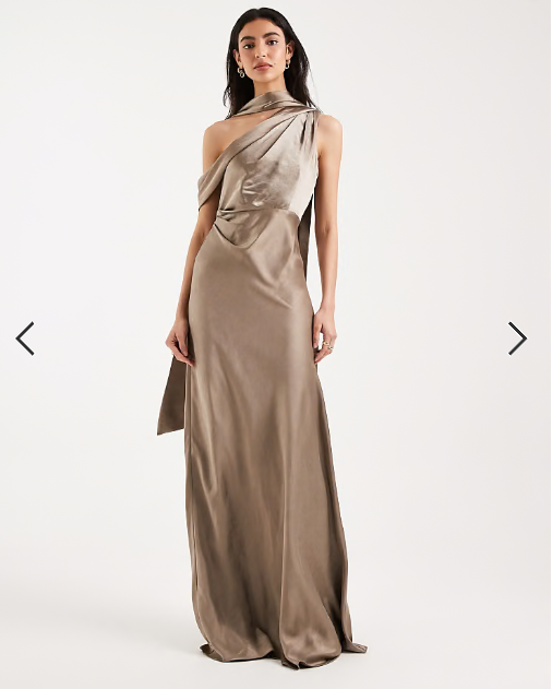 Six Stories Bridesmaid satin scarf detail one shoulder maxi dress in mocha