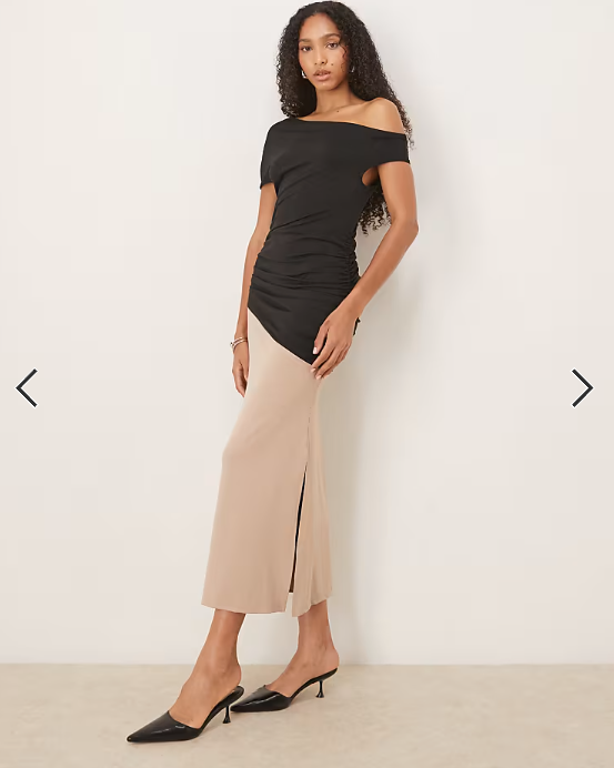 ASOS DESIGN hybrid fallen shoulder maxi dress in beige and black