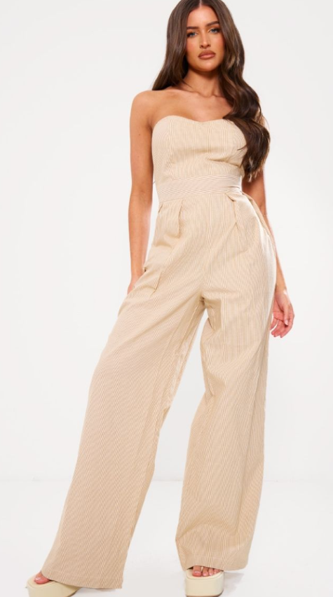 Stone Stripe Bandeau Cotton Pleated Detail Wide Leg Jumpsuit