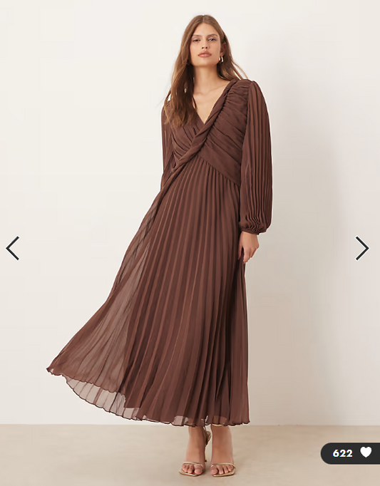 ASOS DESIGN twist detail wrap front pleated midi dress in chocolate