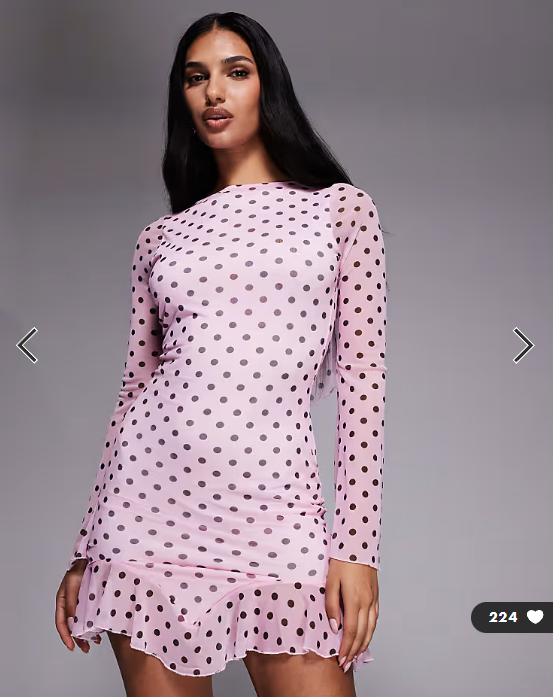 Kaiia exclusive slinky long sleeve ruffle hem open back mini dress in pink and black polka dot